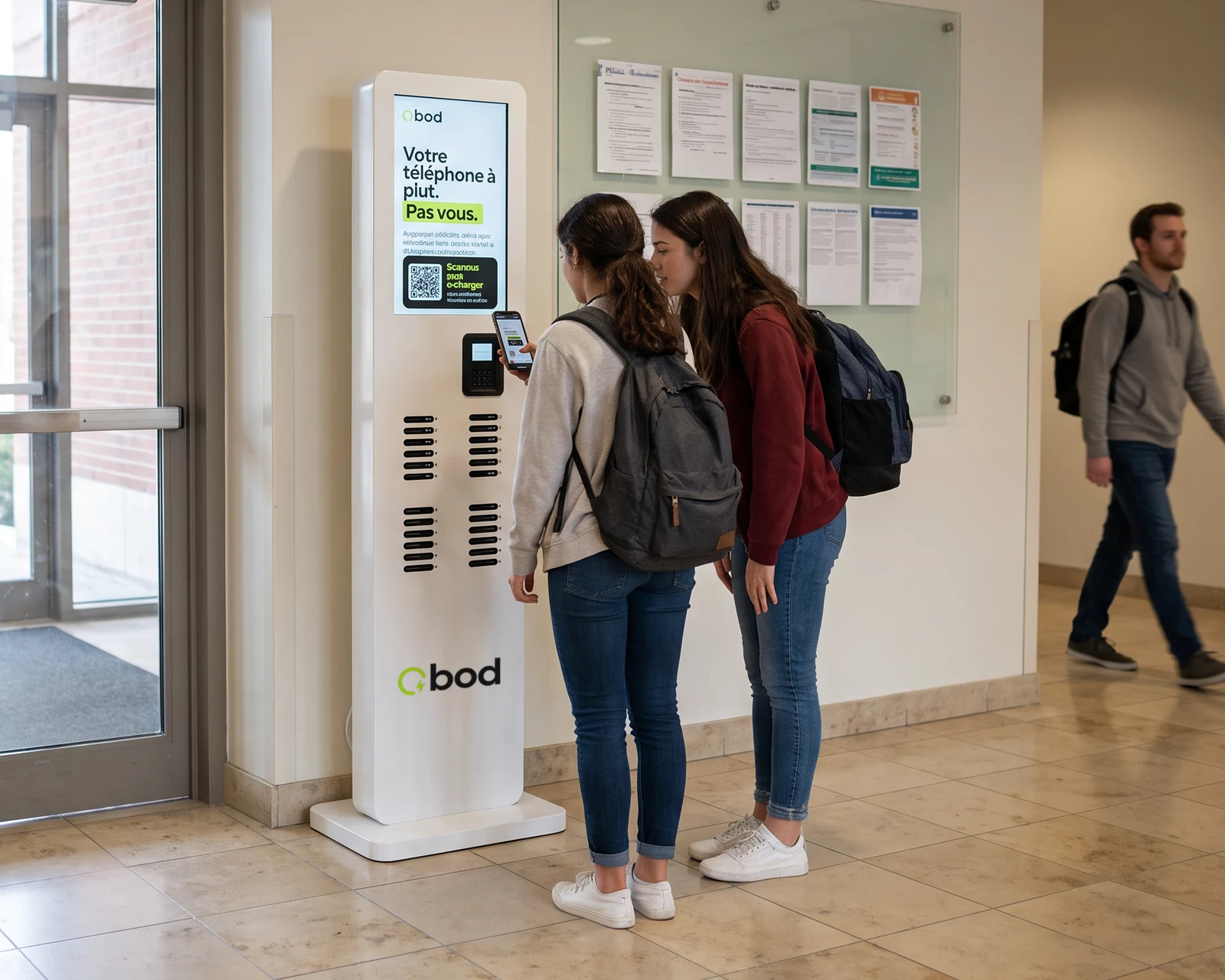 Deux étudiantes devant une borne BOD dans un hall