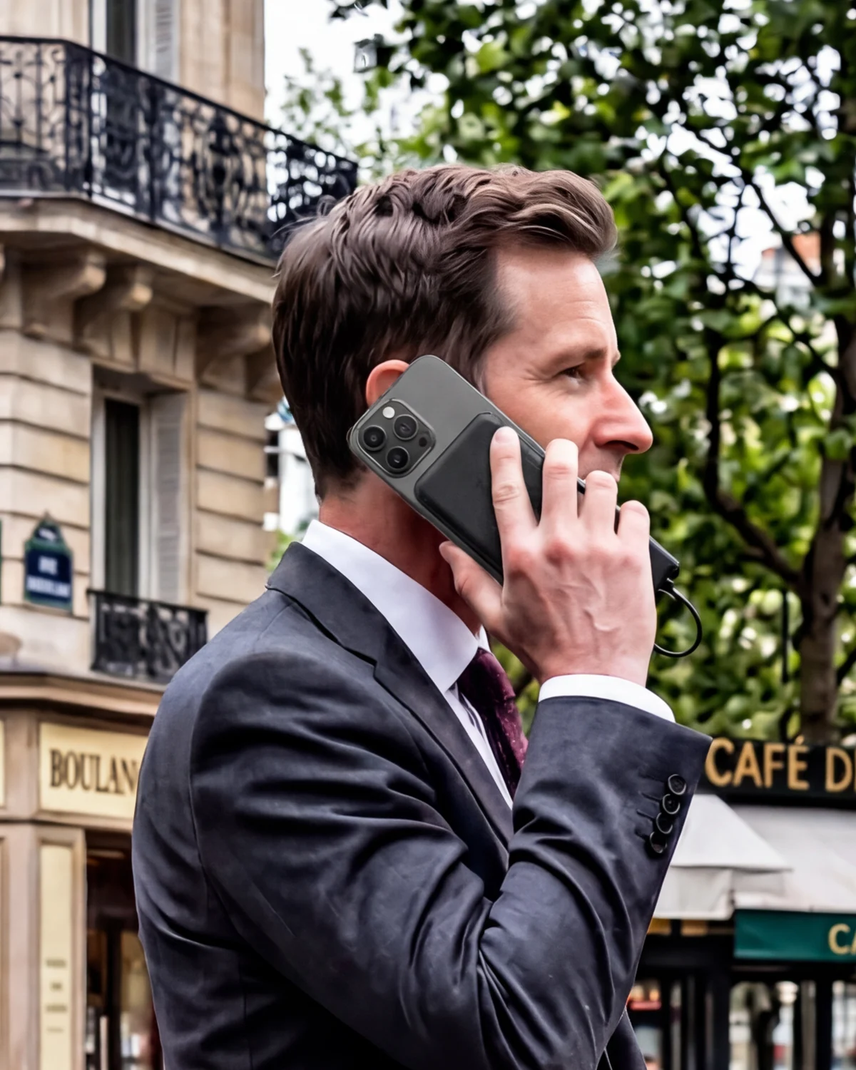 Un homme en costume téléphone dans la rue, une batterie externe BOD fixée à son téléphone
