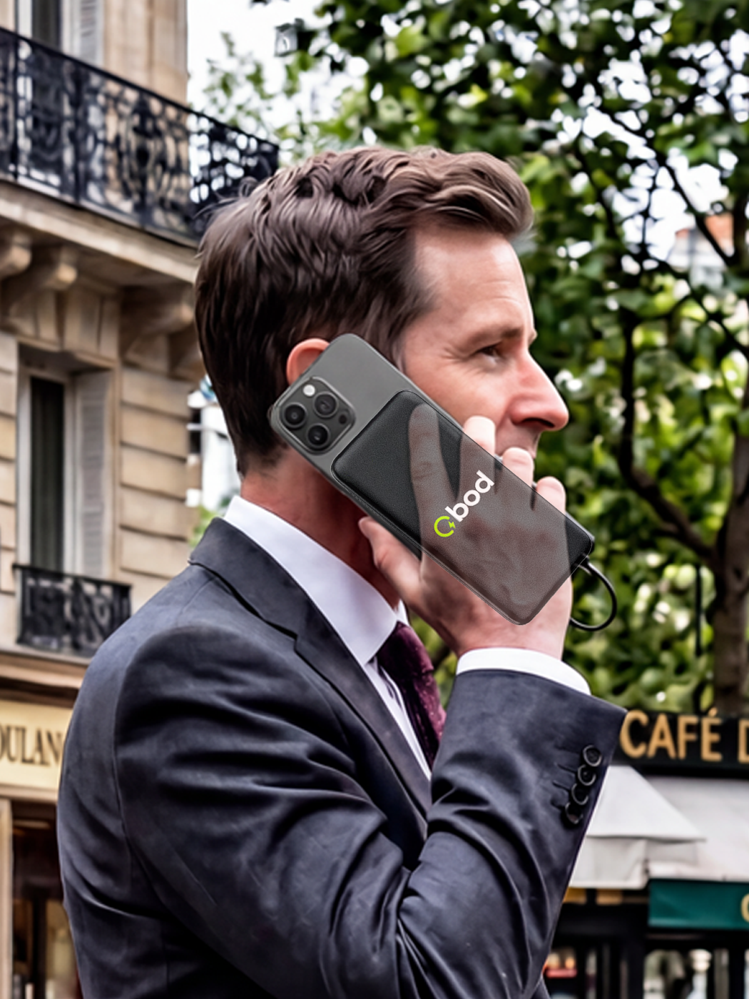Client rechargeant son téléphone avec une batterie portable BOD