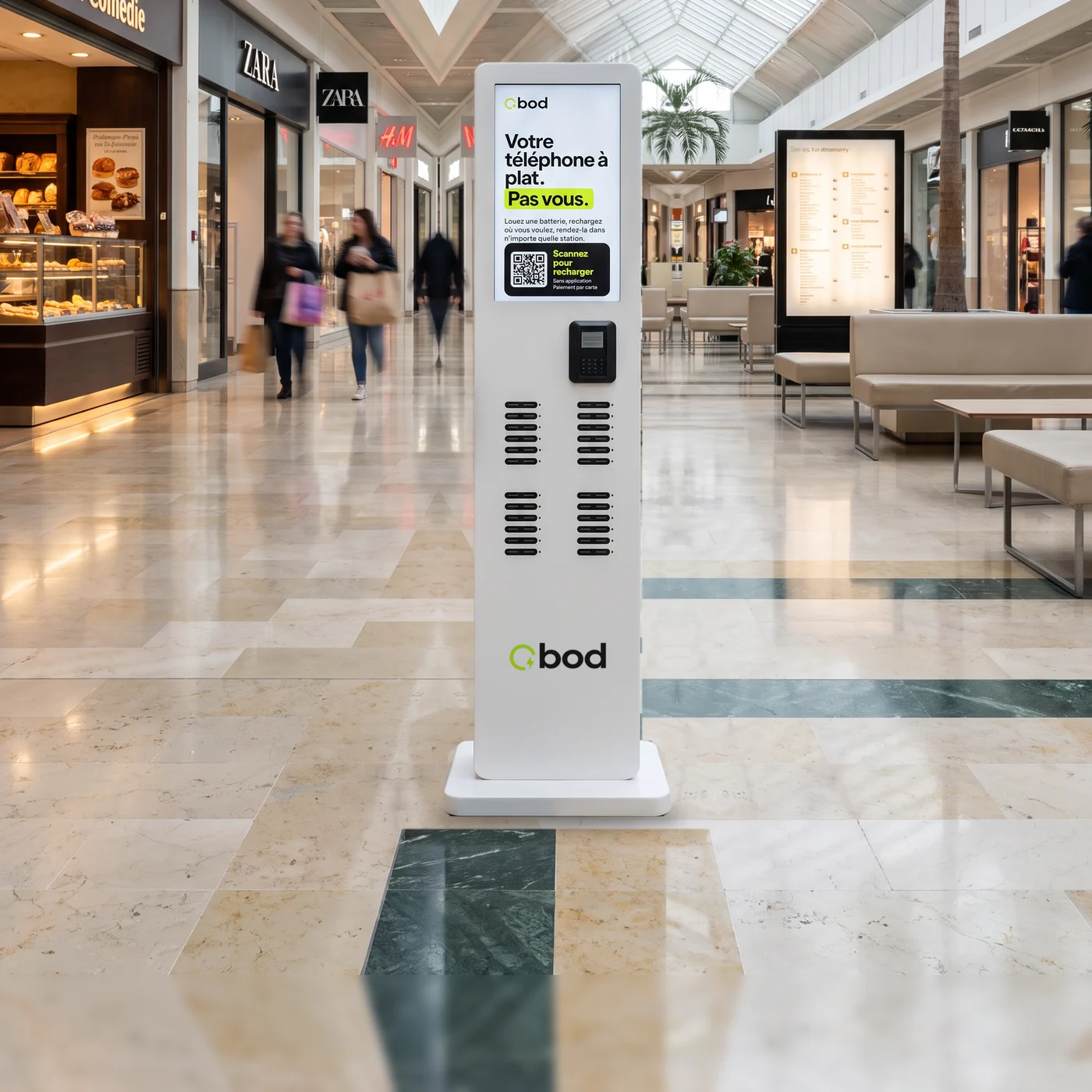 Borne BOD sur pied dans la galerie d'un centre commercial