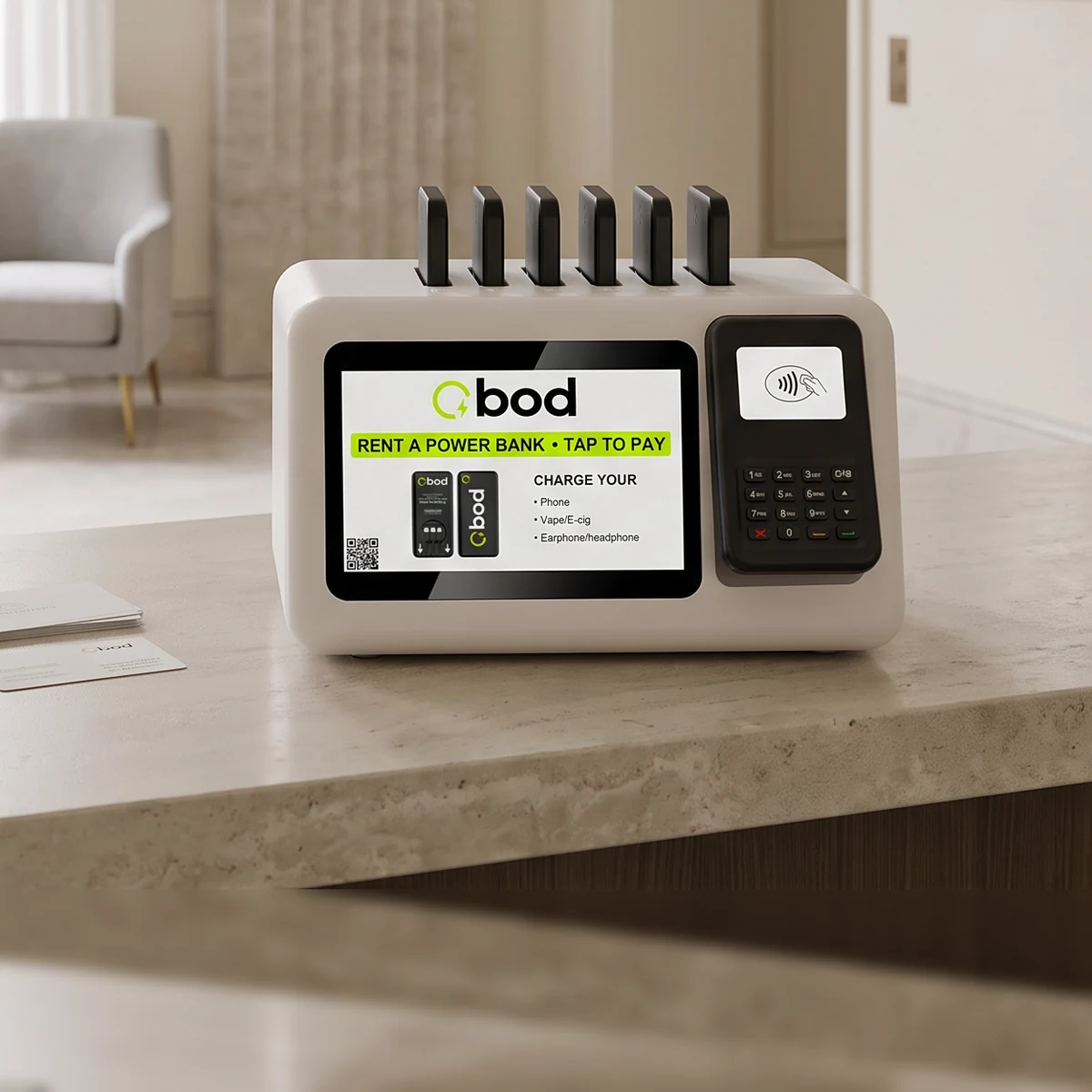 Station BOD sur le comptoir de réception d'un hôtel