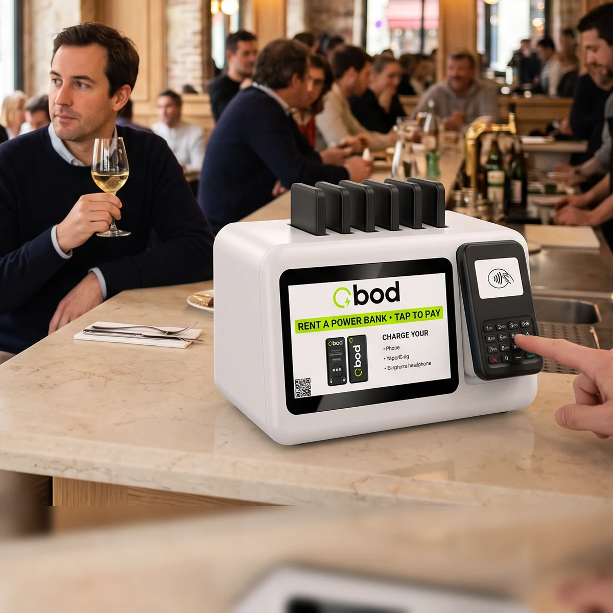 Station BOD sur le comptoir d'un restaurant, un client attablé à côté