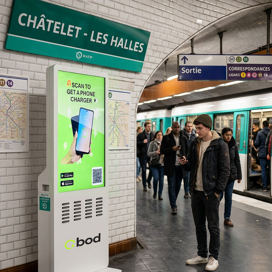 Station BOD de location de batteries portables installée dans un établissement