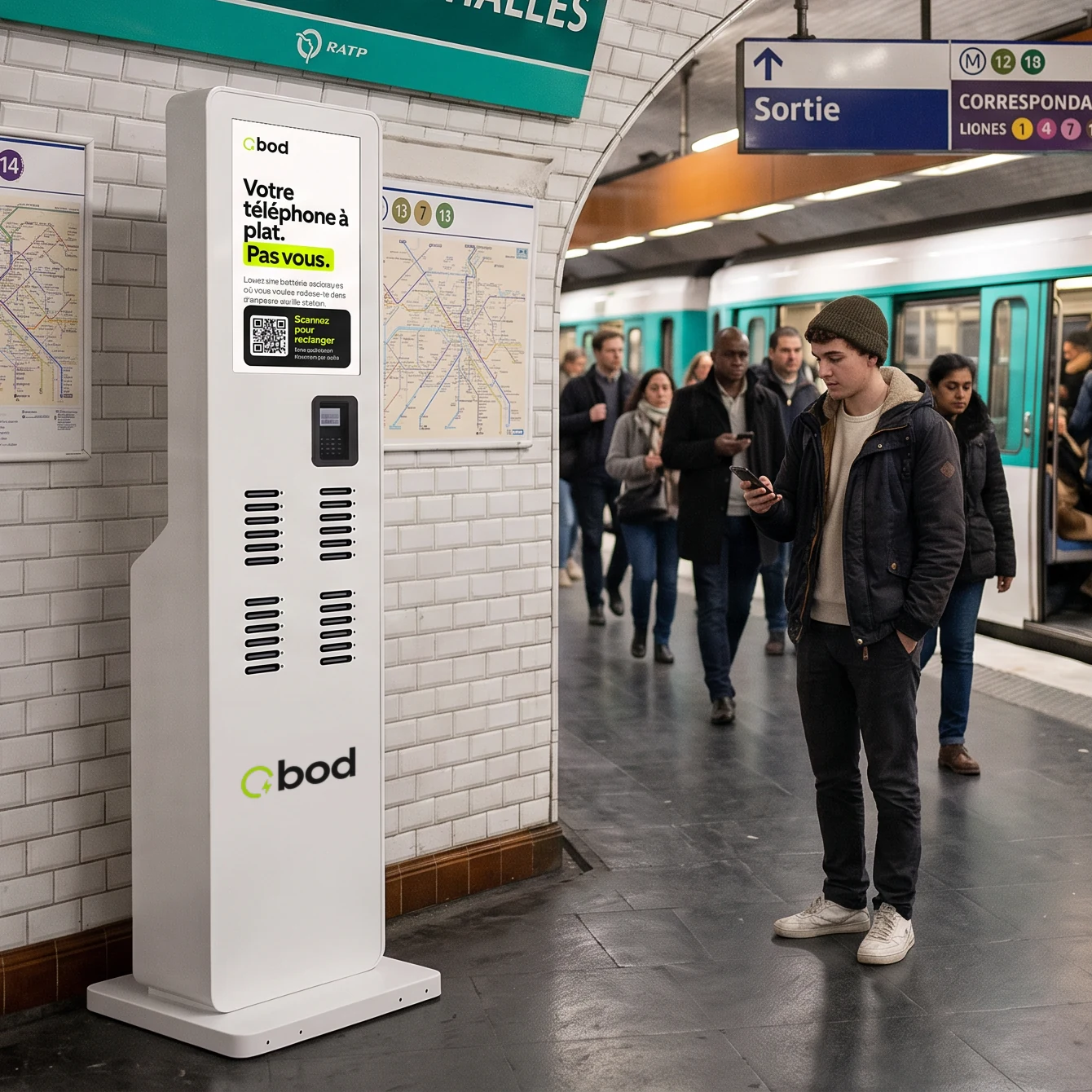 Borne BOD sur un quai de métro, un voyageur regarde son téléphone à côté